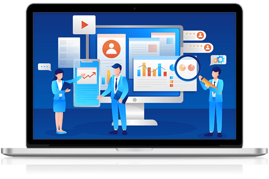 Cartoon graphic of managed IT support on multiple devices