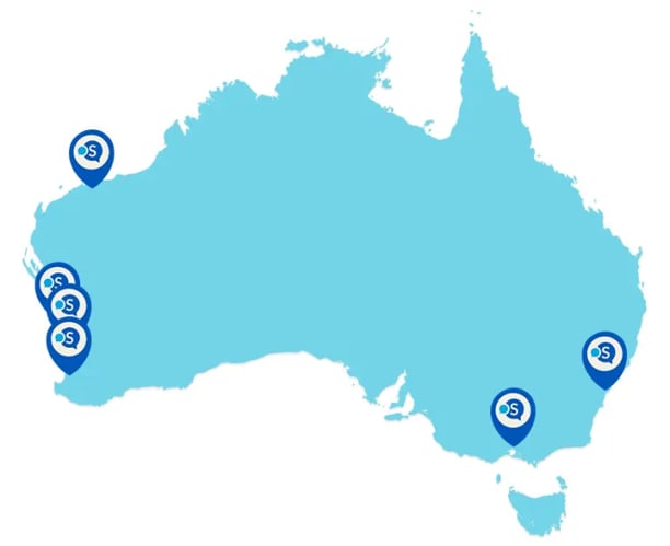 A map of Australia with pins on Office Solutions IT locations